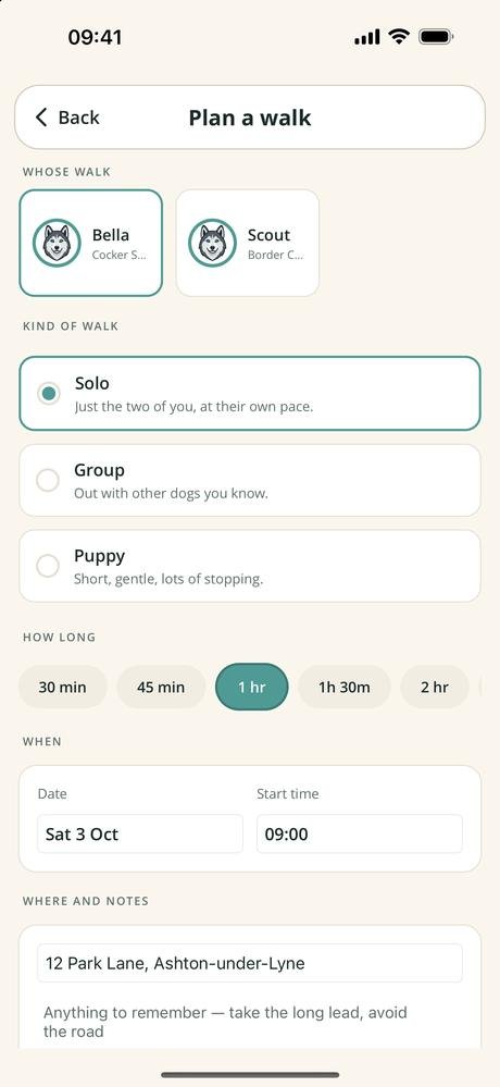 Planning a walk, choosing the dog, the kind of walk and how long