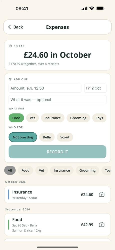 Expenses screen showing the month&rsquo;s total and a form to add one