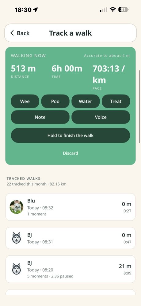 Tracking controls for logging wee, poo, water, treat, note and voice