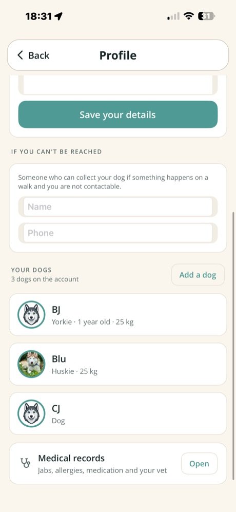 Profile screen listing the three dogs on the account