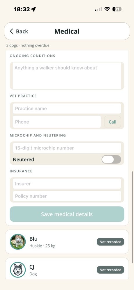 Medical screen with vet practice, microchip and insurance fields