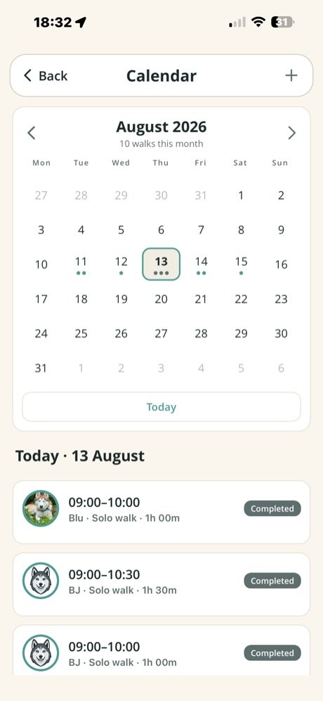 Month calendar for August with the day's walks listed underneath