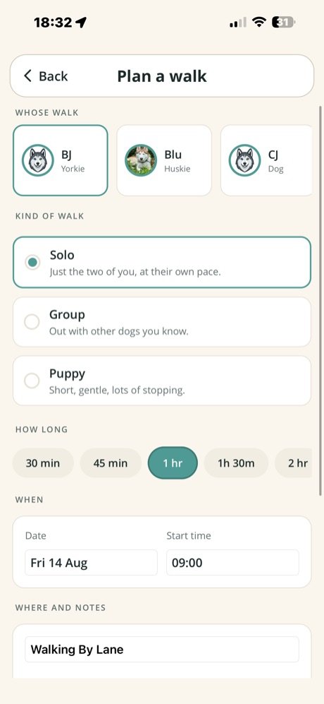 Planning form choosing which dog, the kind of walk and its length