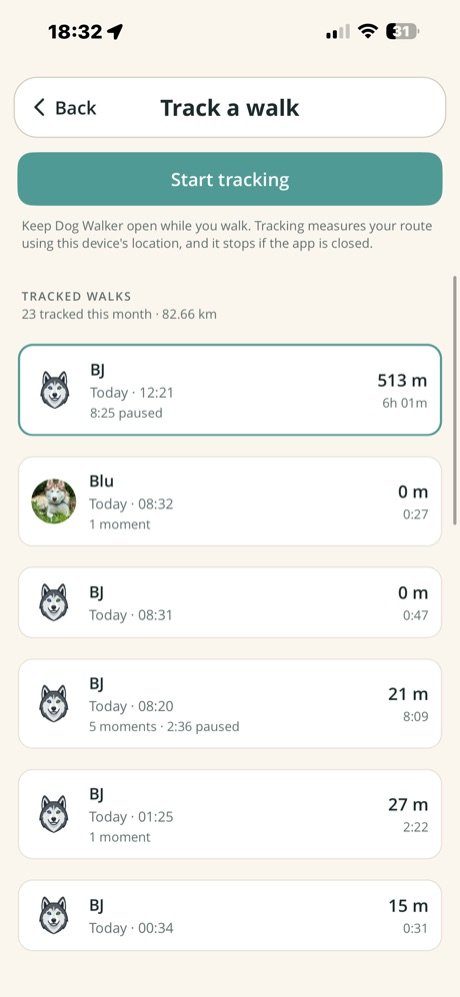 History list of tracked walks with distance and duration for each
