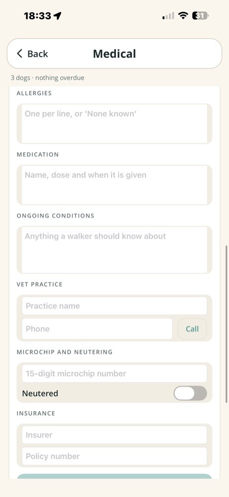 Medical screen scrolled through vet, microchip and insurance sections