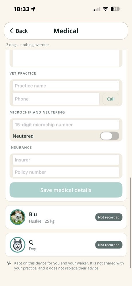 Medical screen footer explaining records are kept on the device