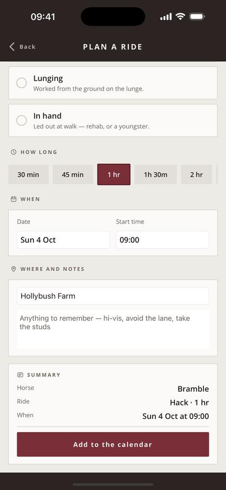 Planning a ride with its summary