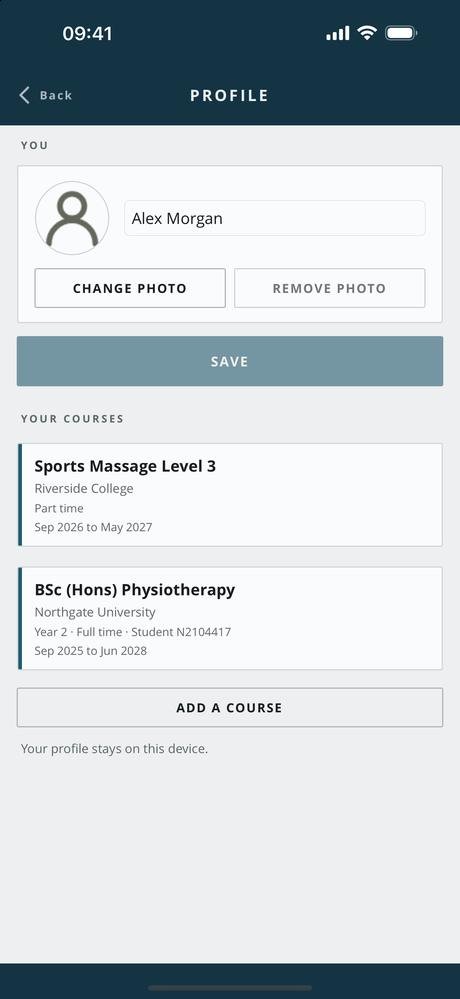 The profile in Physio Student, with two courses