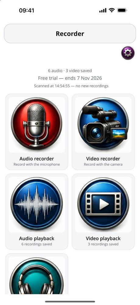 Recorder home screen with large tiles