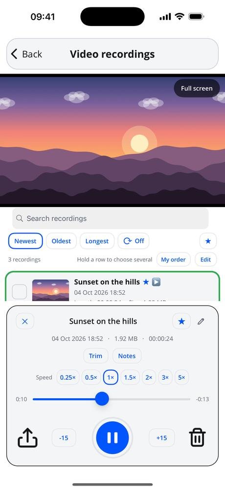 Video playing above the recordings list