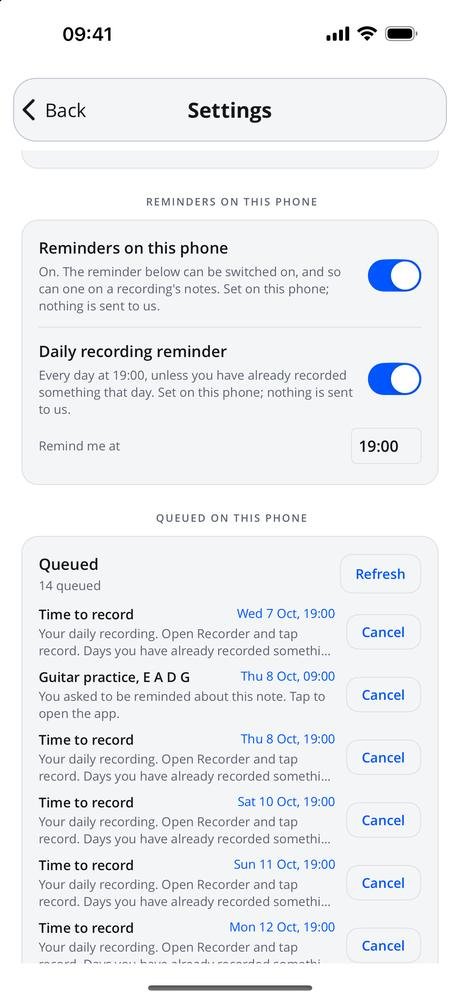 Settings showing the daily reminder and the queue of reminders