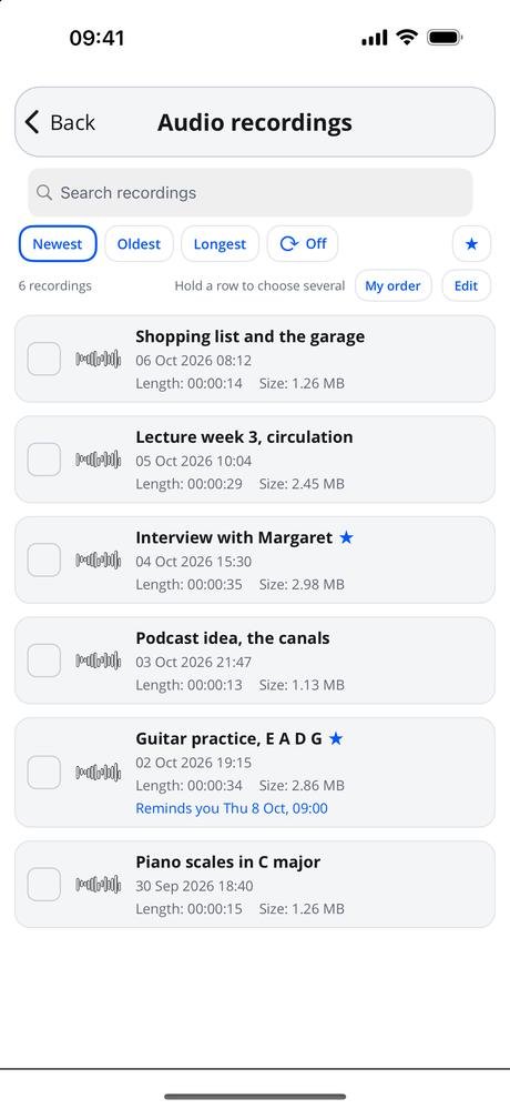 The audio library listing six recordings