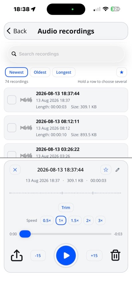 Audio playback controls with trim, speed and scrubber