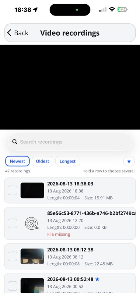 Video recordings library, one row marked file missing