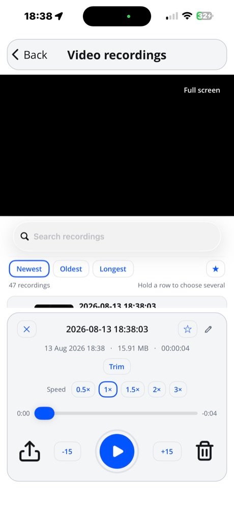Video playback with full screen, trim and speed controls
